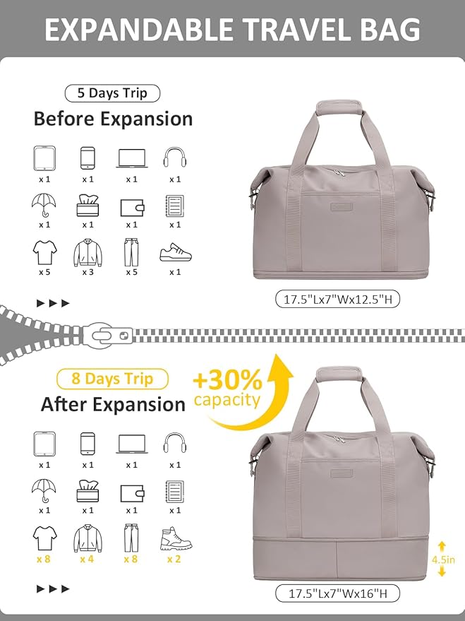 Expandable Travel Duffle Bags Weekender Overnight Bags for Women Men Hospital Bag for Women Labor Delivery with Toiletry Bag Waterproof