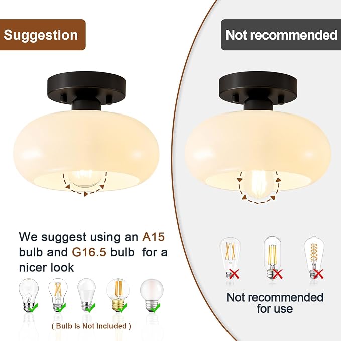 WOKNOS Mid-Century Modern Black Semi Flush Ceiling Light 8.66 Inch | Mini White Glass Shade Close to Ceiling Lighting Fixture For Kitchen Entryway Hallway Bathroom Closet Bedroom Laundry Room