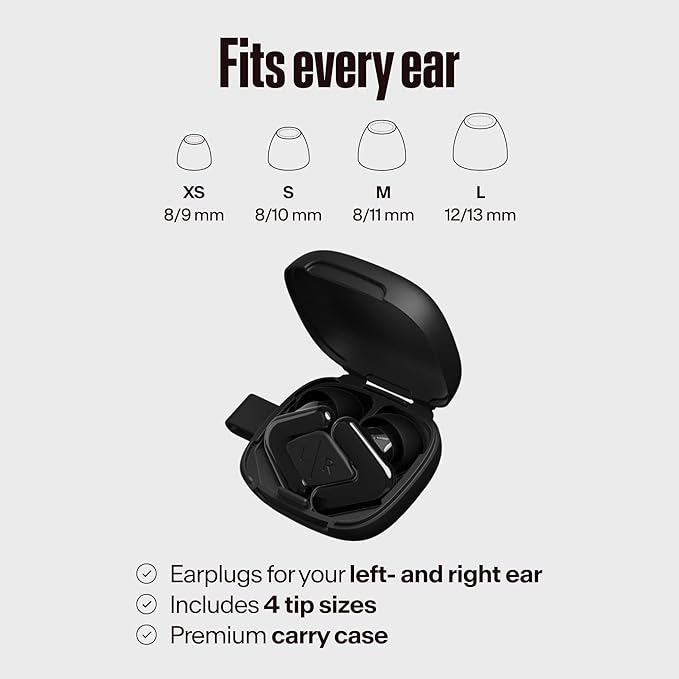 Alpine Tune Earplugs, Concert Ear Plugs for Noise Reduction, High Fidelity Music Quality, 19dB Hearing Protection with Crystal Clear Sound, Incl. 4 Sizes, for Parties, Raves, Festivals & Clubs, Black