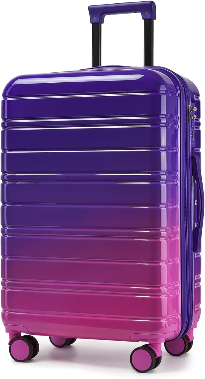 LARVENDER 28 Inch Checked Luggage with Spinner Wheels, PC+ABS Expandable Large Suitcases with Wheels, Travel Luggage sets for Women and Men, Midnight Berry