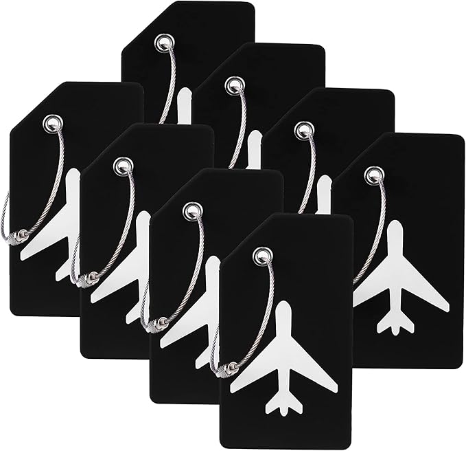 8 Pack Silicone Luggage Tag for Suitcases with Stainless Loop, TSA Approved, Privacy Protection Travel Essentials Bag Tags by Gostwo, Black