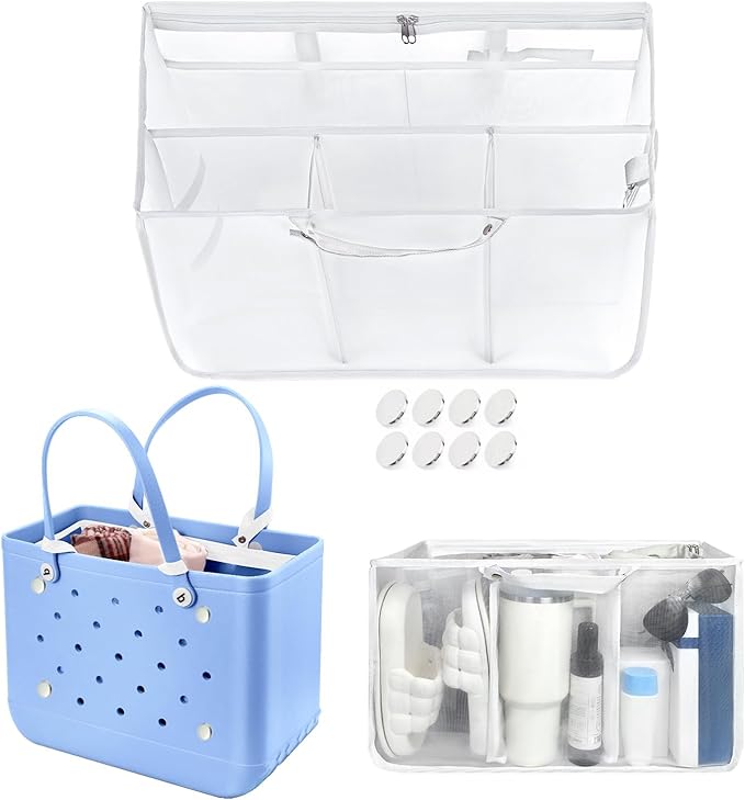XYFuuee Beach Bag Organizer Inserts for Original Large Bogg Bag Accessories with 8 Removable Metal Fasteners, Lightweight Mesh Insert Divider Pouch, Organizing Rubber Tote, Save Space, White XL
