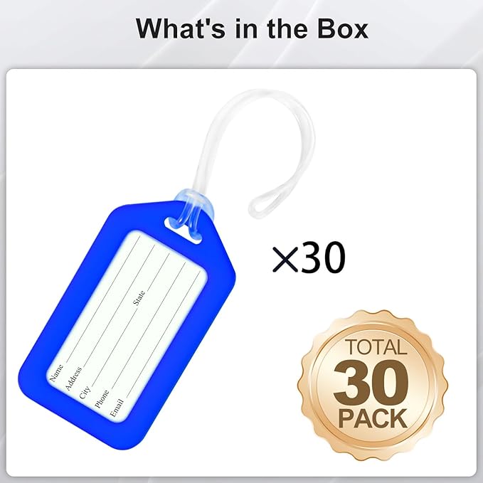30 Pack Luggage Tag Bright Luggage Tags for Suitcases Bag Tags Name Tags for Kids Travel Accessories Must Haves by Sodsay (Blue)