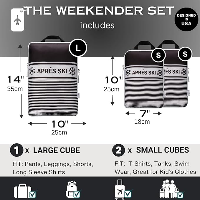 Apres Ski Packing Cubes Organizer Bags for Suitcase & Backpack, Compression Packing Cubes for Travel, Lightweight Luggage Organizers, Travel Cubes, Vacation Essentials, 3pc Set, Black Apres Ski