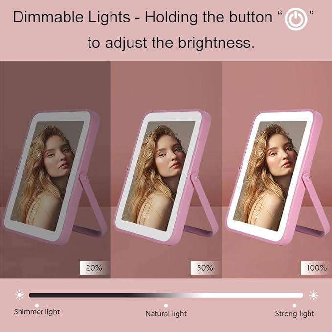 YEKKOPT Pink Rechargeable Vanity Mirror with Lights, 10"×7" LED Makeup Mirror with Lights, Smart Touch Control Dimmable 3 Modes Light, Lighted Up Mirror for Makeup Desk, Bedroom, Dressing Room