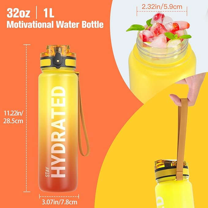 Sahara Sailor Water Bottle 32oz, Durable and Leakproof Water Bottles Motivational with Time Marker, Tritan, BPA Free, Wide Mouth with Easy Clean Brush for Gym, Travel, Home, School, Office (1 Bottle)