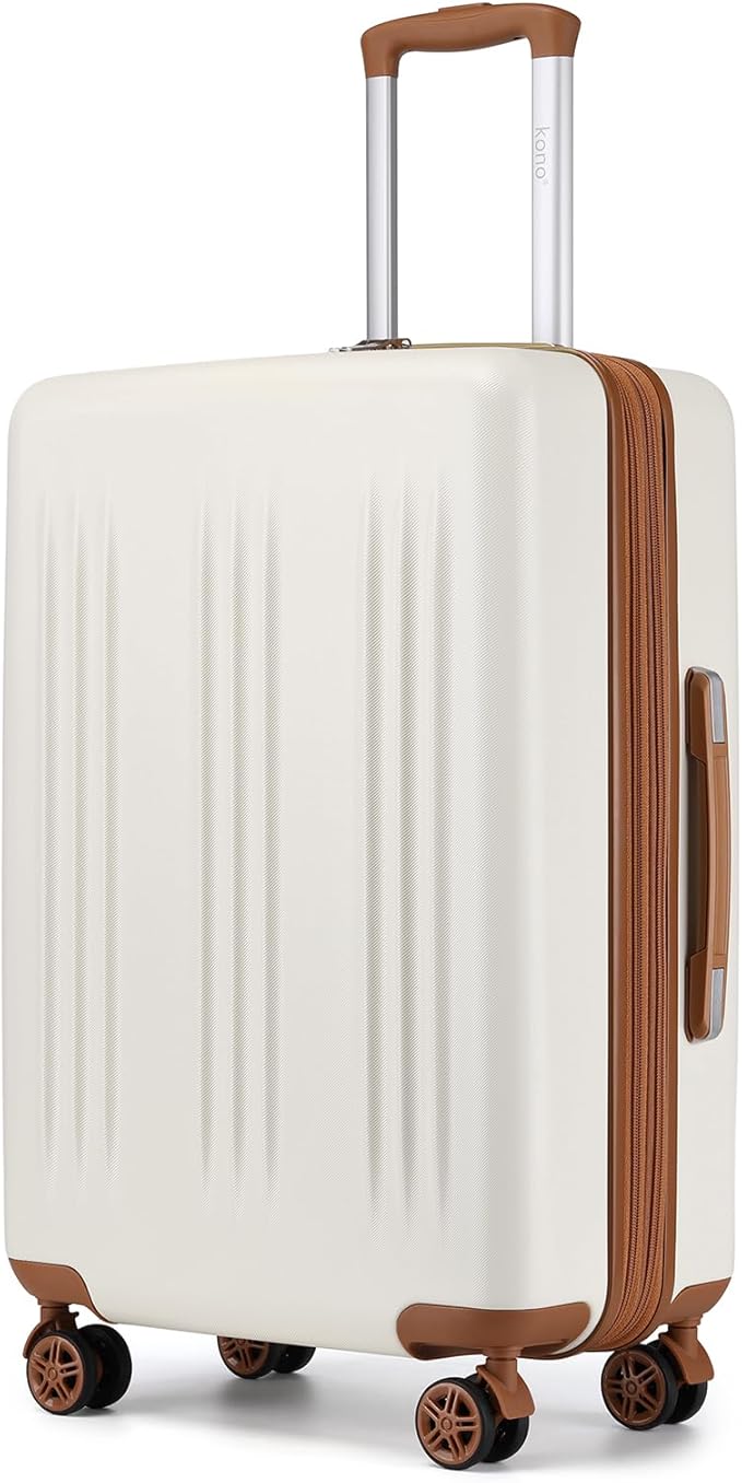 Kono Lightweight 24 Inch Expandable Luggage with Quiet Spinner Wheels TSA Lock, Scratch and Drop Resistant PC+ABS Hardside Durable Medium Checked Suitcase, Cream White & Brown