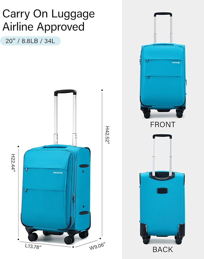 Hanke 20 Inch Expandable Carry On Luggage 22x14x9 Airline Approved Softside Suitcases with Wheels Lightweight Travel Luggage Rolling Suitcase with Lock for Men and Women.(Caribbean Blue)