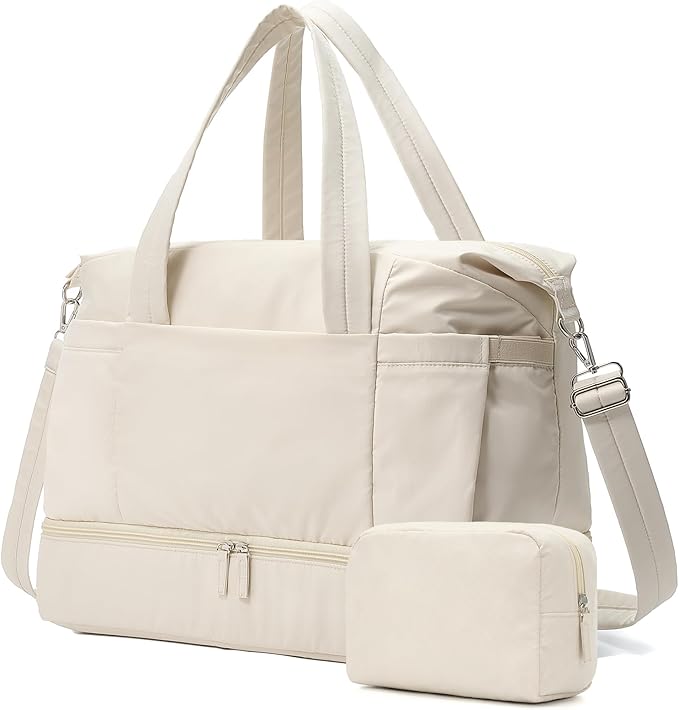 Vorspack Duffle Bag for Travel - 30L Gym Bag for Women Men Personal Item Travel Bag with Shoe Pocket Toiletry Bag Lightweight Carry On Bag for Weekender Overnight Sports - Beige