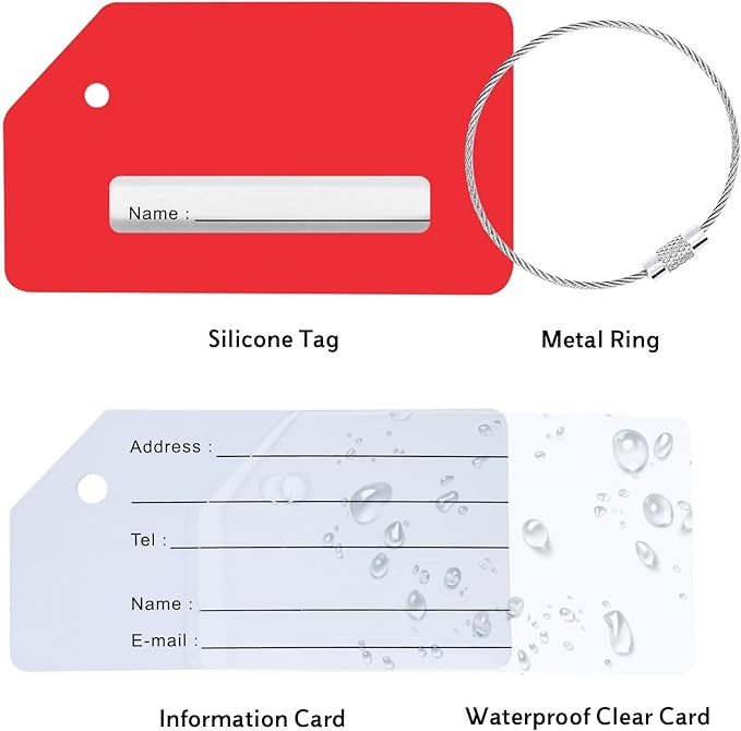 5 Pack Silicone Luggage Tag for Suitcases with Stainless Loop, TSA Approved, Privacy Protection Travel Essentials Bag Tags by Gostwo, Red