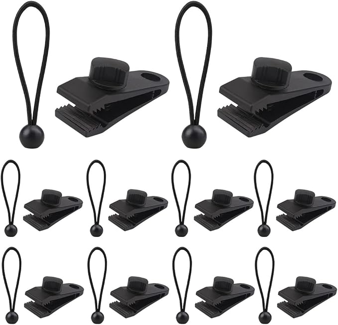 AOPRIE 10 Sets of Bungee Balls and Tarp Clips Black 6 Inches Ball Bungee Cord Heavy Duty Lock Grip Clamps Shark Fasteners Holder for Camping Tents Cargo Pool Awning Car Cover Holding Wire Hoses