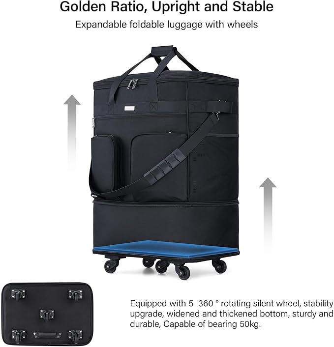 Hanke Expandable Collapsible Luggage with Wheels, Black Upgrade Version 2, 98L, Water-Resistant, 5 Spinner Wheels, 3 Pockets, Polyester, 19x13x27.2 inches, 6.1lb, Carry-On Luggage, Travel, Vacation