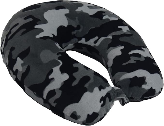 Adult Cozy Soft Microfiber Neck Pillow for Travel – Compact, Machine Washable - Perfect for Airplane, Car, or Home Use - Filled and Finished in The USA – Black Camo
