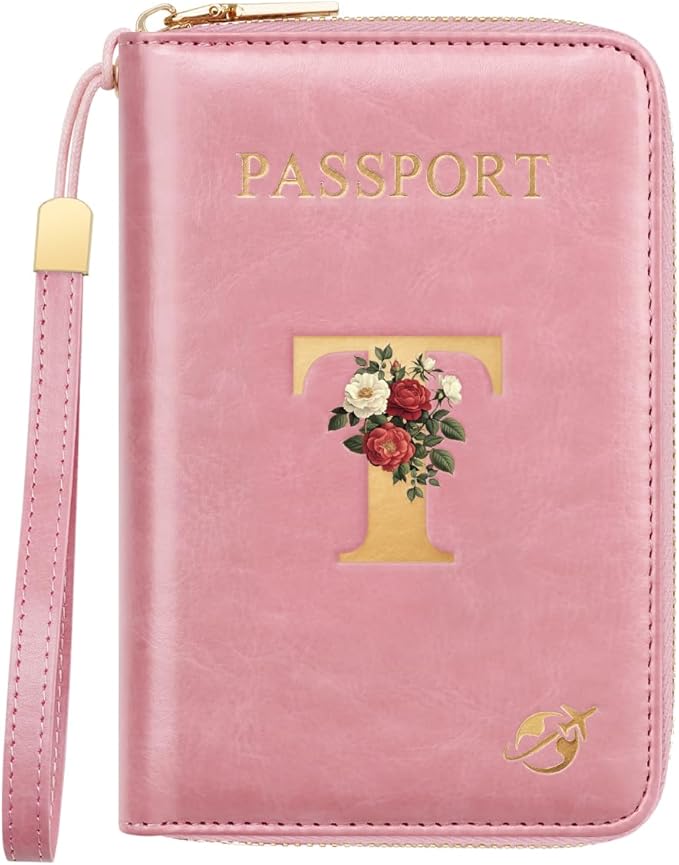 Passport Holder for Travel Personalized Passport Holder Initial Letter Rose Flower RFID Blocking Travel Wallets Credit Cards Holder for Women Men, Pink T