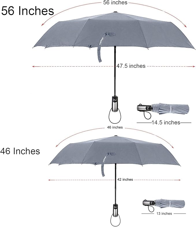 TradMall Travel Umbrella Windproof with 56 Inches Large Canopy 10 Reinforced Fiberglass Ribs Ergonomic Handle Auto Open & Close, Gray