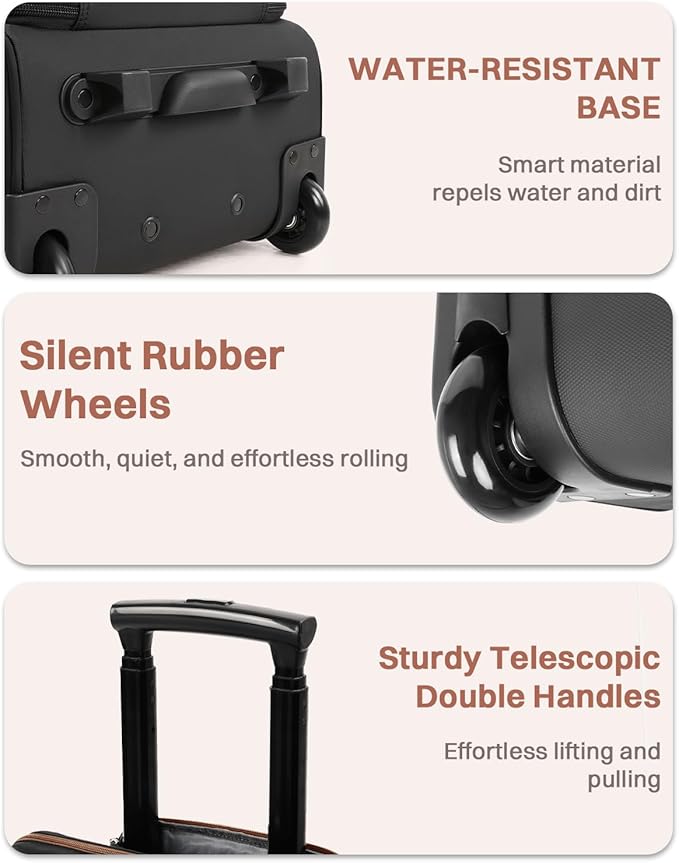 Rolling Puffer Backpack for Women, Travel Backpack with Wheels, 16 Inch Wheeled Laptop Backpck, Dual-Opening Design Overnight College Underseat Carry on Luggage, Roller Business Work Bag, Black Brown