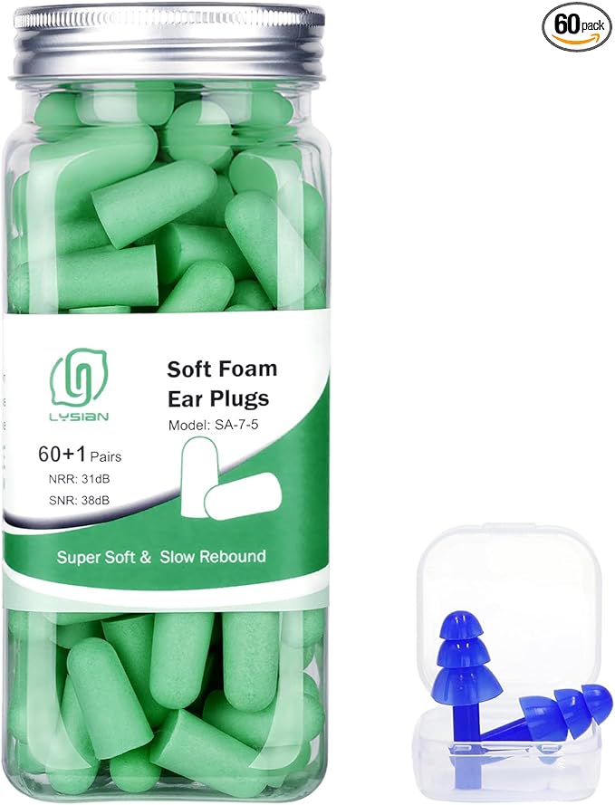 LYSIAN Ultra Soft Foam Earplugs for Sleep, 38dB SNR Noise Cancelling Ear Plugs for Sleeping, Shooting, Snoring, Work & All Loud Noise Reduction Ear Plugs Comfortable, Sound Proof - 60 Pairs