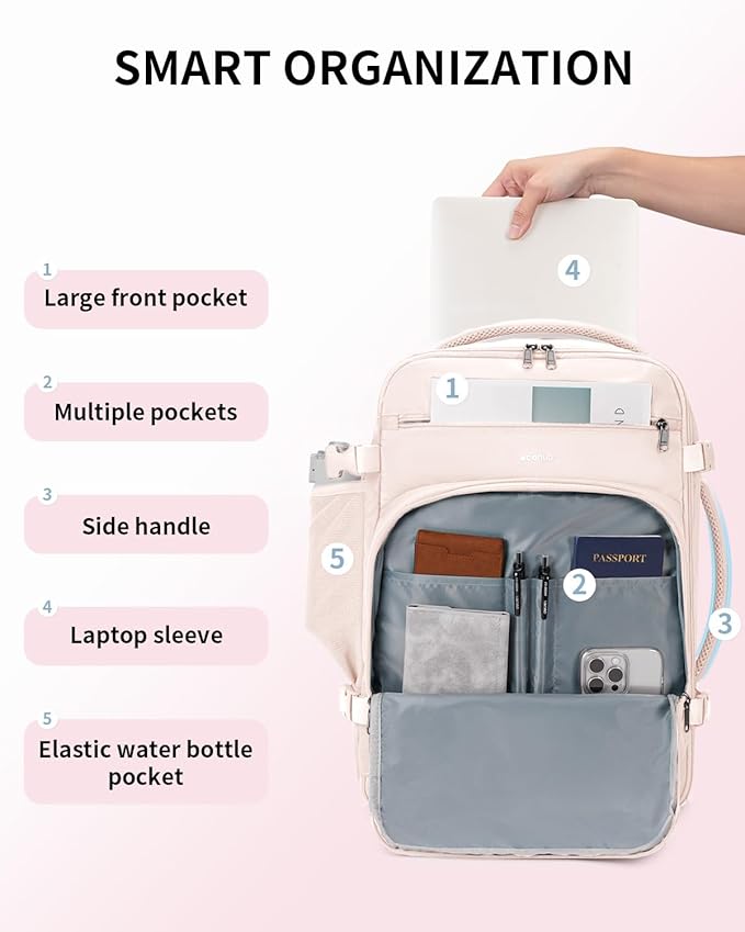 ECOHUB Travel Backpack for Women, 18x14x8 Spirit Airlines Personal Item Bag with Clear Toiletry Bag, Laptop Carry on Backpack with USB Port, Airline Approved Under Seat 14 Pockets 30L, Beige