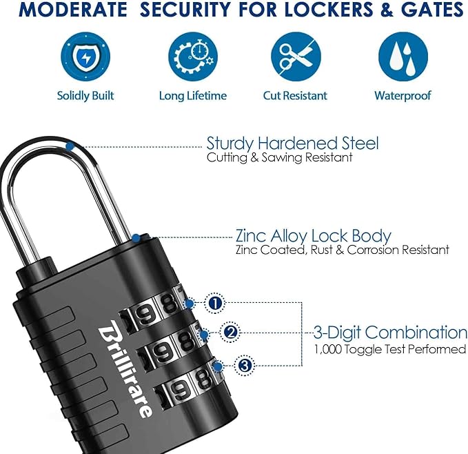 8 Pack Combination Lock, 3-Digit Waterproof Keyless Padlock, Zinc Alloy Outdoor Resettable Travel Luggage Locks for Backpack, Gym Locker, Hasp, Fence, Gate, Case, Toolbox-Black