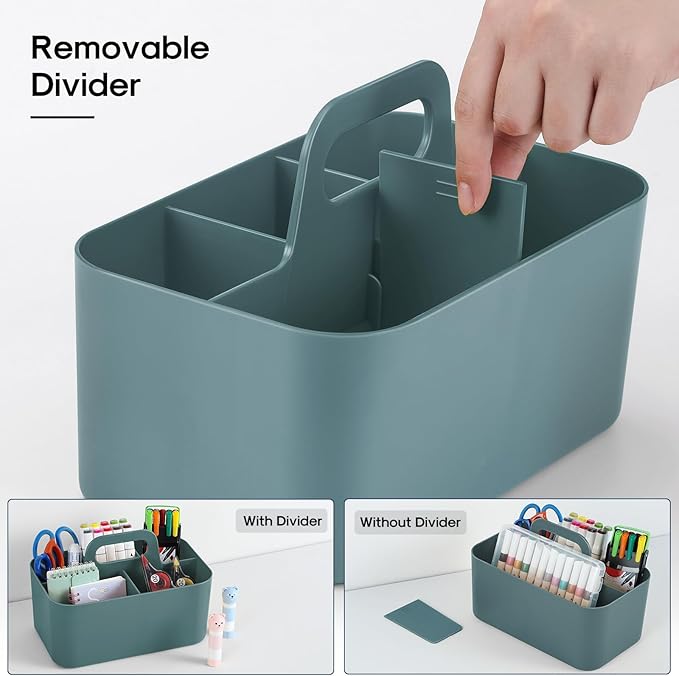 Multiuse Caddy Organizer with Handle, Portable Divided Plastic Tote Bin - Art Craft, Stationary Pen Marker Crayons, Makeup Hair Supplies Storage - Bathroom, Classroom, Dorm, Office, Desk Holder - Cyan