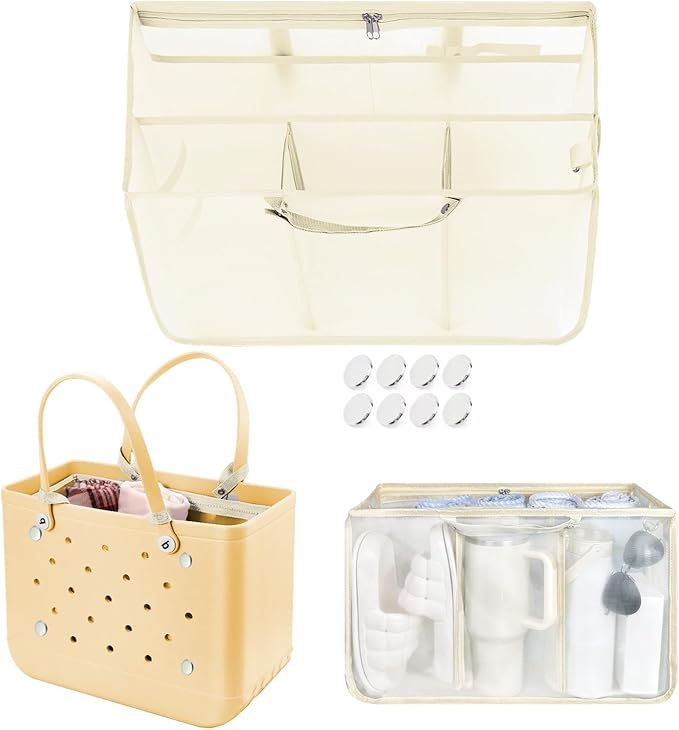 XYFuuee Beach Bag Organizer Inserts for Baby Medium Bogg Bag Accessories with 8 Removable Metal Fasteners, Lightweight Mesh Insert Divider Pouch, Organizing Rubber Tote, Save Storage Space, Khaki M