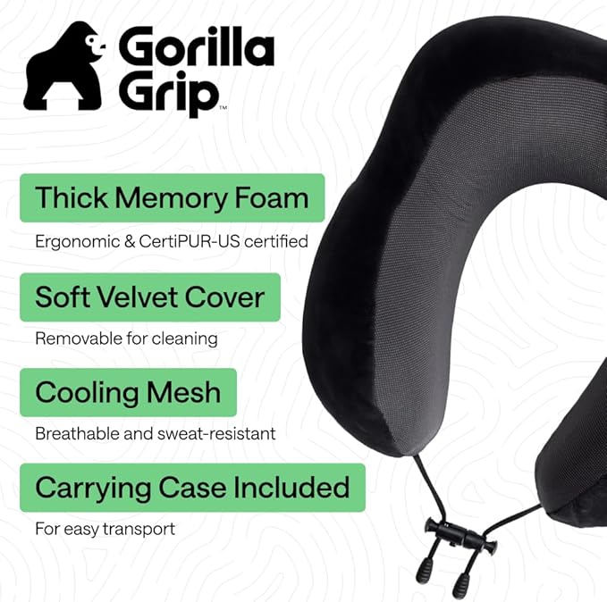 GORILLA GRIP Travel Neck Pillow for Airplanes, CertiPUR-US® Memory Foam Cooling Mesh Pillows, Soft Velvet Washable Cover, Support Headrest for Sleeping, Traveling Essentials Flight Accessories, Black