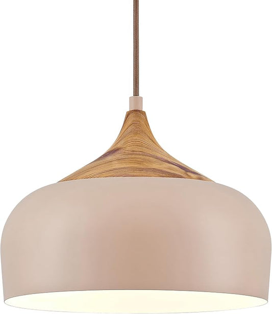ELYONA 12 Inch Modern Japandi Pendant Light for Kitchen Island Farmhouse Hanging Lamp with Faux Pine Wood Grain Metal Shade, Adjustable Wabi Sabi Ceiling Fixture for Dining Room Bedroom,Light Brown