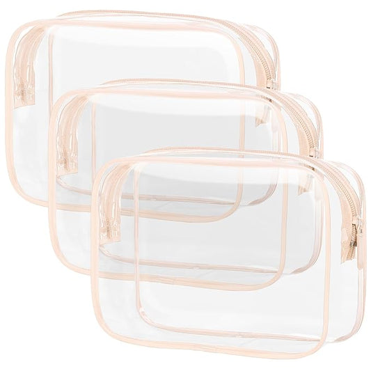 PACKISM TSA Approved Toiletry Bag 3 Medium - Quart Size Clear Makeup Bag for Carry On, Airport Security Compliant Clear Travel bag for Toiletries with Reinforced Seams, Pink