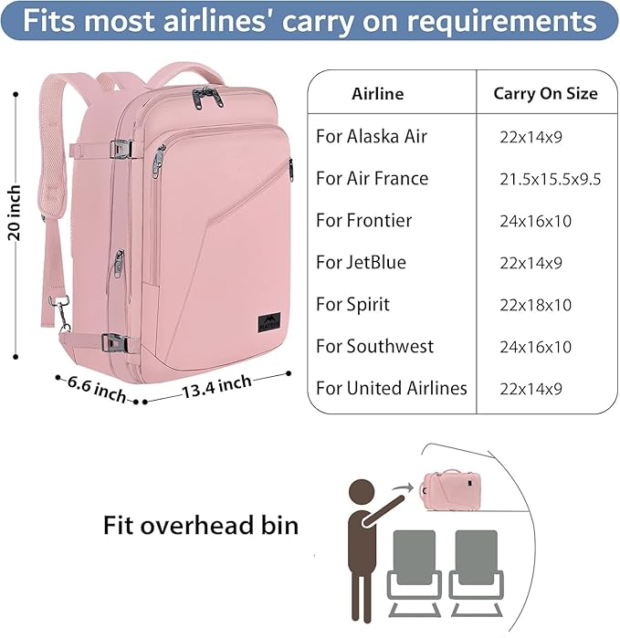 MATEIN 45L Womens Travel Backpack, Extra Large Carryon Backpack Fits Overhead Bin, Cute Weekender Daypack for Travel on Airplane, Traveling Accessories for Women, Pink