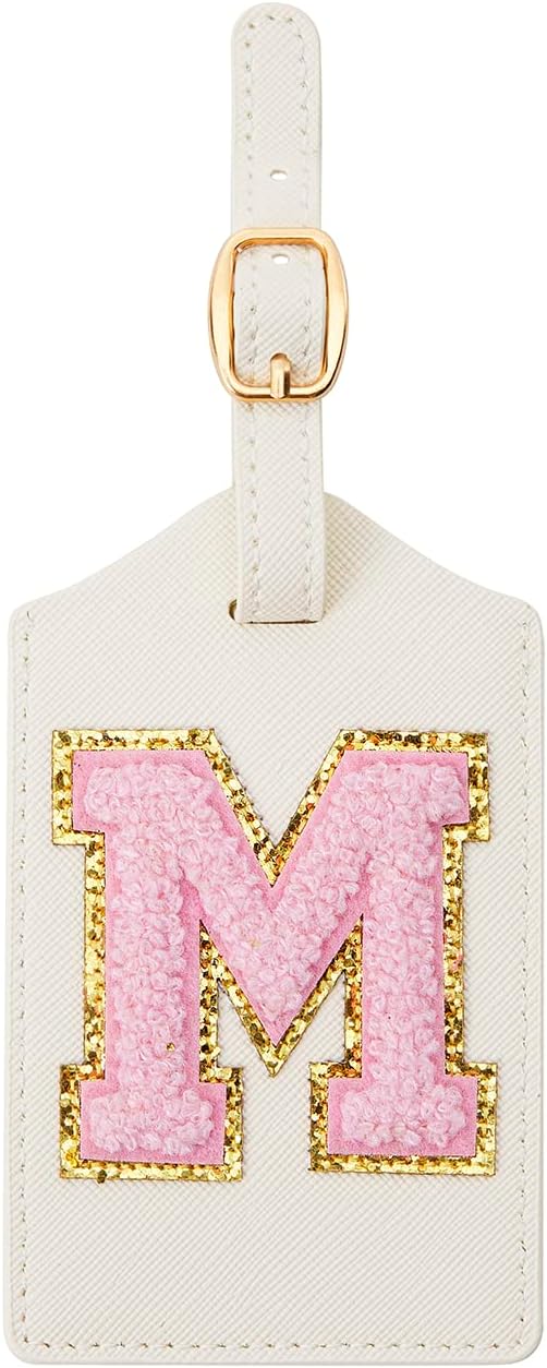 Initial Luggage Tag, PU Leather Luggage Tag, Embroidered Luggage Tag, Letter Luggage Tag, Monogrammed Luggage Tag, Luggage Tag for Baggage Bag Suitcase (M, White Leather+Pink Letter)