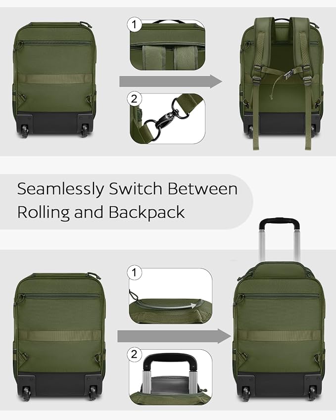 Rolling Tactical Laptop Backpack, Underseat Travel Backpack with Wheels, 16 Inch Wheeled Military Computer Backpack for Men and Women, Roller Overnight Molle Outdoor Hiking College Carry on Luggage