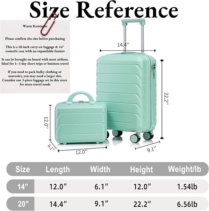 2-Piece ABS Hard Shell Lightweight Carry-On Luggage Set (14" & 20"), 360-Degree Spinner Wheels, Adjustable Telescopic Handle and Combination Lock for Travel, Mint Green