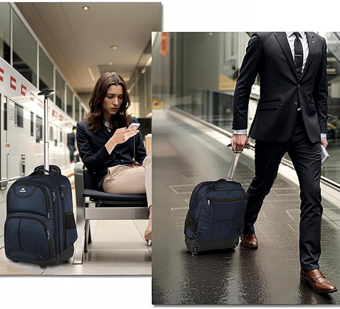 MATEIN Backpack with Wheels, Travel-friendly Rolling Laptop Backpack for Men Women, Freewheel Carry on Luggage Business bag, Compact College Trolley Suitcase Computer Bag fit 17 inch Notebook, Blue
