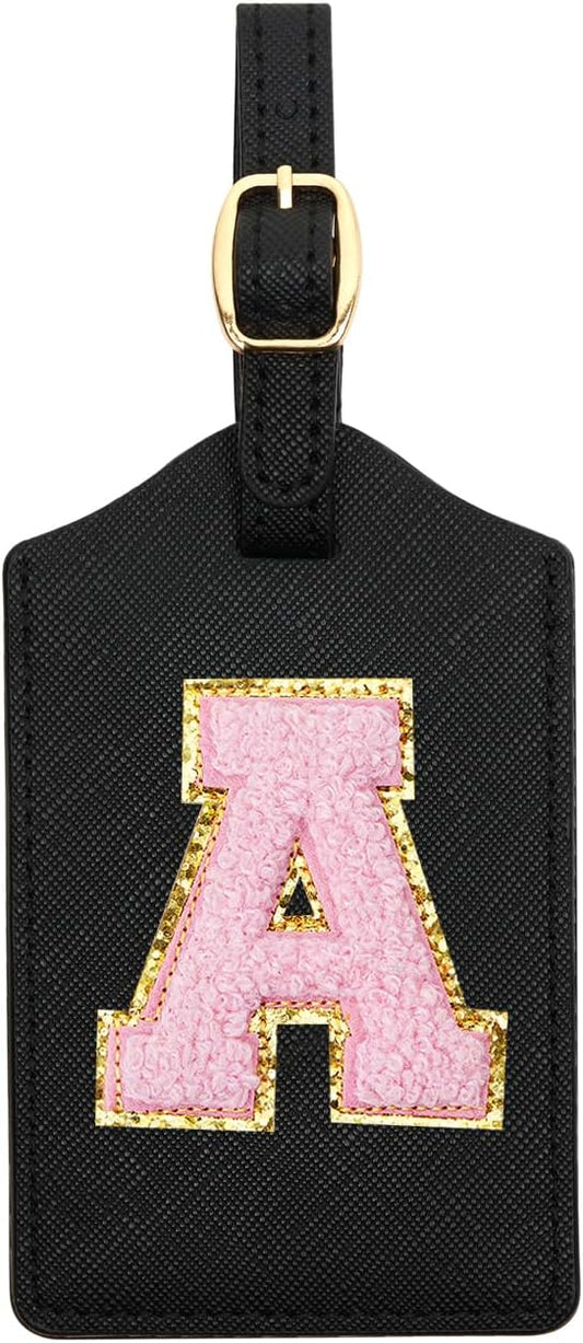 Initial Luggage Tag, PU Leather Luggage Tag, Embroidered Luggage Tag, Letter Luggage Tag, Monogrammed Luggage Tag, Luggage Tag for Baggage Bag Suitcase (A, Black Leather+Pink Letter)