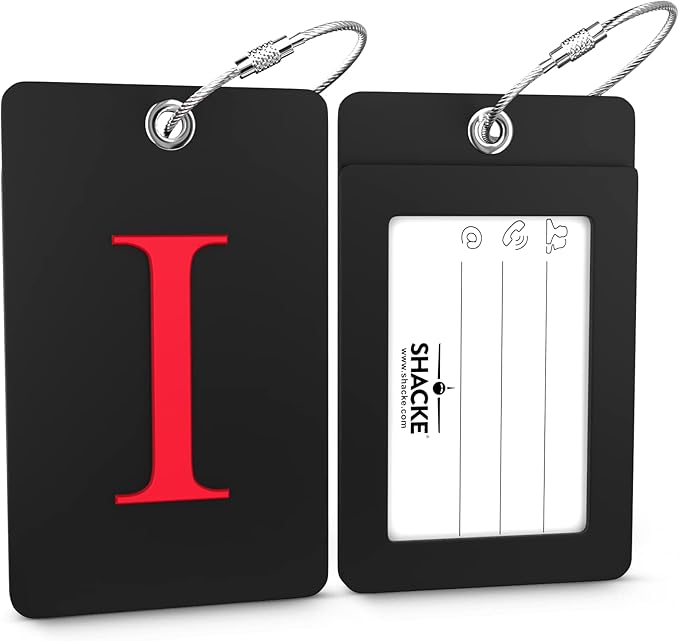 Shacke Luggage Tag Initial - Fully Bendable Tag w/Stainless Steel Loop - Black (Letter I)