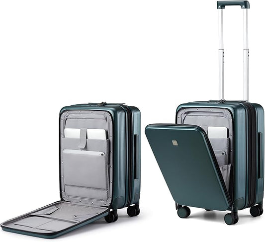 Hanke Grace Expandable Carry On Luggage with Wheels Airline Approved Hard Shell Suitcases with Front Pocket，Top Opening Luggage with TSA Lock for Short Business Travel, Blackish Green.