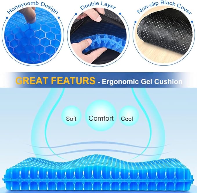 Gel Seat Cushion, Large Cooling Gel Cushion Breathable Honeycomb Chair Pads Gel Cushion with Non-Slip Cover for Home Office Chair Car Seat Wheelchair Absorbs Body Pressure Points, As Seen on TV