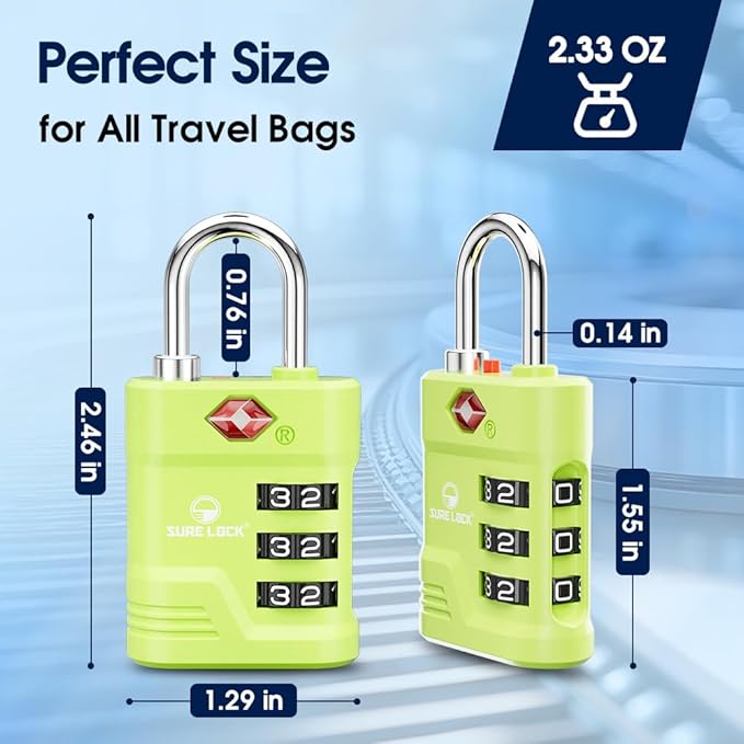 SURE LOCK TSA Approved Luggage Lock – 3-Digit Resettable Combination Padlock with Open Alert Red Dot, Large Easy-Read Dials for Suitcases, Backpacks, Gym & School Lockers