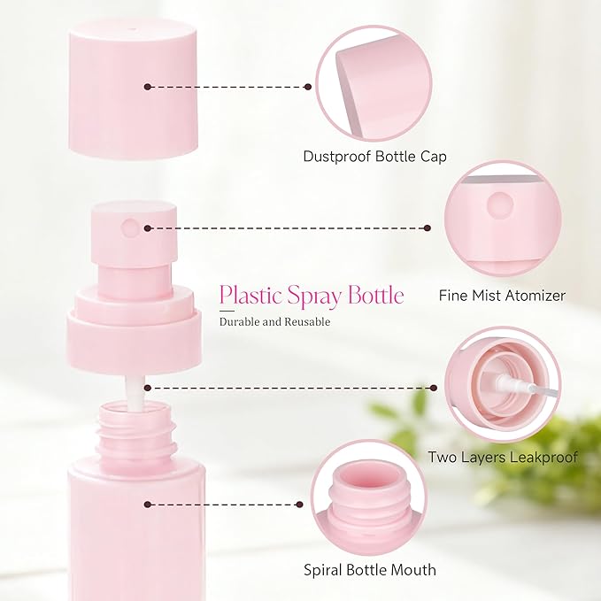 ZEJIA Small Spray Bottle, 2OZ Travel Spray Bottle, Mini Plastic Spray Bottles for Face, with 6pcs Labels (Pink)