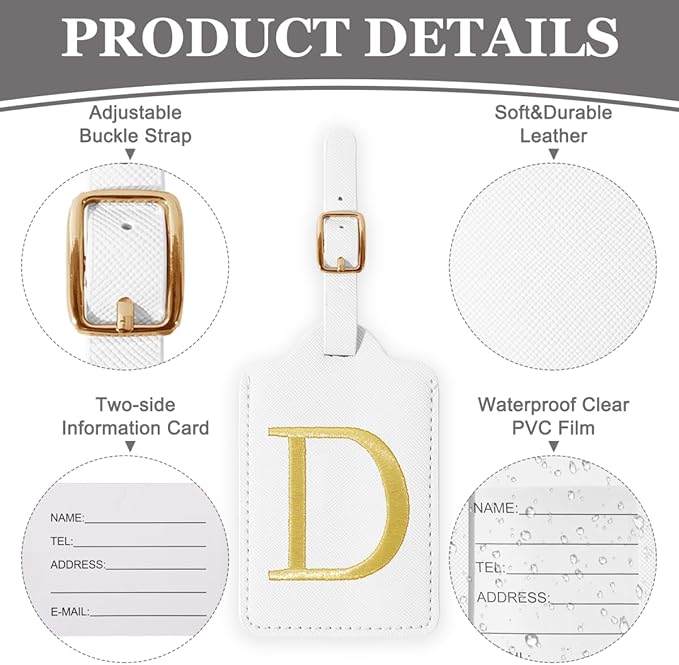 Personalized Initial Luggage Tags for Suitcases,Leather Letter Cute Luggage Tags with Privacy Name Card,Embroidered Monogrammed Travel Bag Backpack Tag Gifts for Women Kids Girls Teens(White-D)