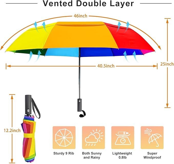 Rainbow Umbrella Automatic for Adults - Compact Folding Auto Open Close Double Canopy Vented Windproof Folding Travel Iridescent Umbrellas for Rain&Sun
