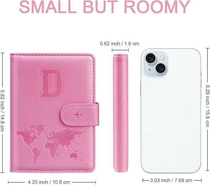 Passport Holder Cover Initail Letter A-Z Travel Wallet Embossed Design RFID Blocking Card Holder Personalized Gift Passport Cover Wallet, Passport Book Holders for Women and Girls, Pink-D