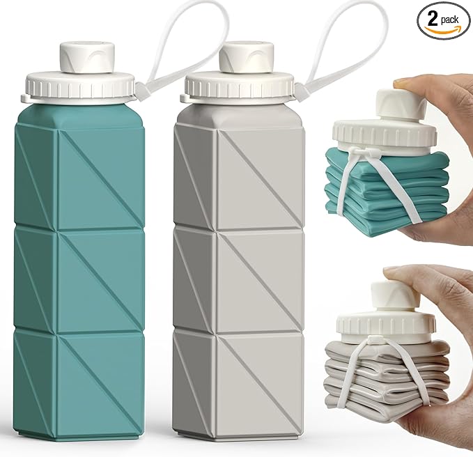 Collapsible Water Bottles 20.6oz, Silicone Foldable Portable Travel Water Bottle, BPA-Free, Leakproof Reusable for Traveling Camping Hiking Cycling Sports Outdoor, 2 Pack (Blue+Starlight)