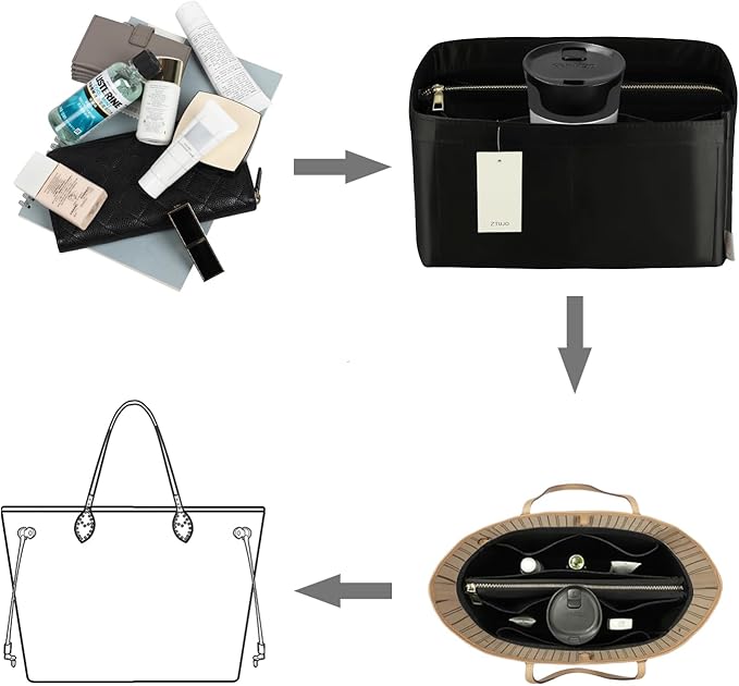 Purse Organizer Insert For Handbags, Purse Organizer With Zipper, Neverfull Organizer, Bag Organizer For Speedy Neverfull ONTHEGO Tote, Handbag and More (Silky Black, SM)