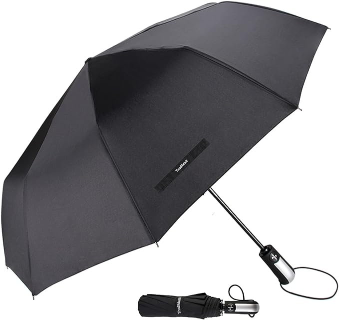 TradMall Travel Umbrella Windproof with 56 Inches Large Canopy 10 Reinforced Fiberglass Ribs Ergonomic Handle Auto Open & Close, Black