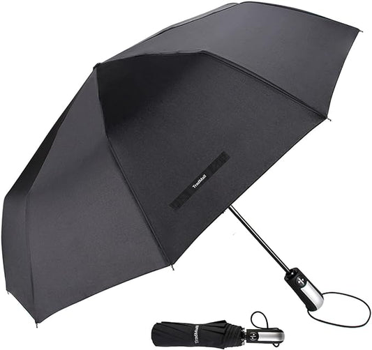 TradMall Travel Umbrella Windproof with 56 Inches Large Canopy 10 Reinforced Fiberglass Ribs Ergonomic Handle Auto Open & Close, Black