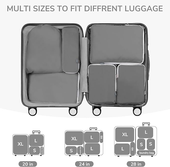 CherryNow Compression Packing Cubes, 7 Set Packing Cubes Compression, Travel Essentials, Travel Organizer for Shoes, Clothing, Grey