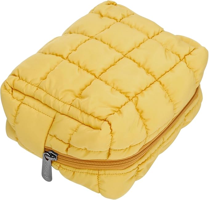 E-Tree Cute Makeup Bag,Quilted Cosmetic Bag,Make up Pouch for Purse,Toiletry Zipper Pouch,Checkered Bag,Travel Case,Storage Pouches for Organization (Yellow)