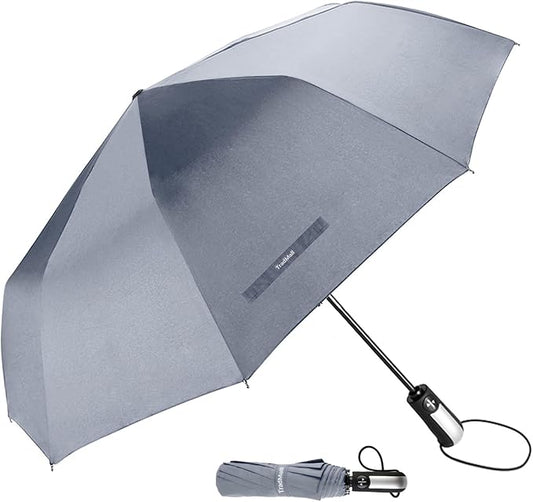 TradMall Travel Umbrella Windproof with 56 Inches Large Canopy 10 Reinforced Fiberglass Ribs Ergonomic Handle Auto Open & Close, Gray