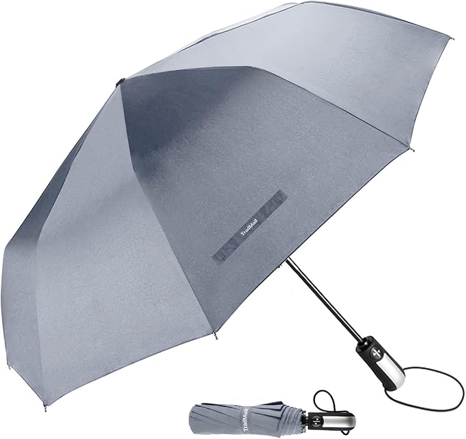 TradMall Travel Umbrella Windproof with 46 Inches Large Canopy 10 Reinforced Fiberglass Ribs Ergonomic Handle Auto Open & Close, Gray